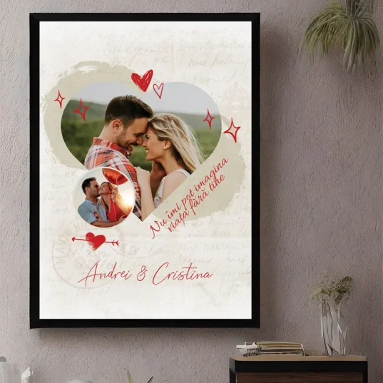 Imortalizați dragostea voastră cu tablouri personalizate pentru cuplu 'el și ea'. Alegeți dintr-o varietate de designuri romantice și stiluri moderne, perfecte pentru a reflecta legătura voastră specială. Personalizați cu numele vostru și cu mesaje romantice pentru a aduce un zâmbet pe chipurile voastre în fiecare zi. Comandați acum și creați amintiri de neuitat împreună
